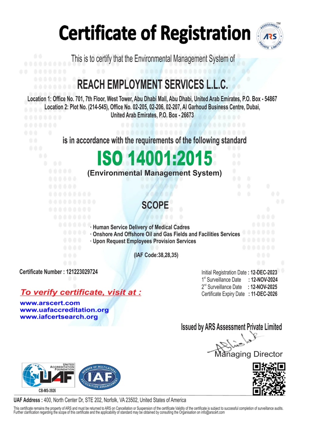 REACH EMPLOYMENT ISO 14001 certificate