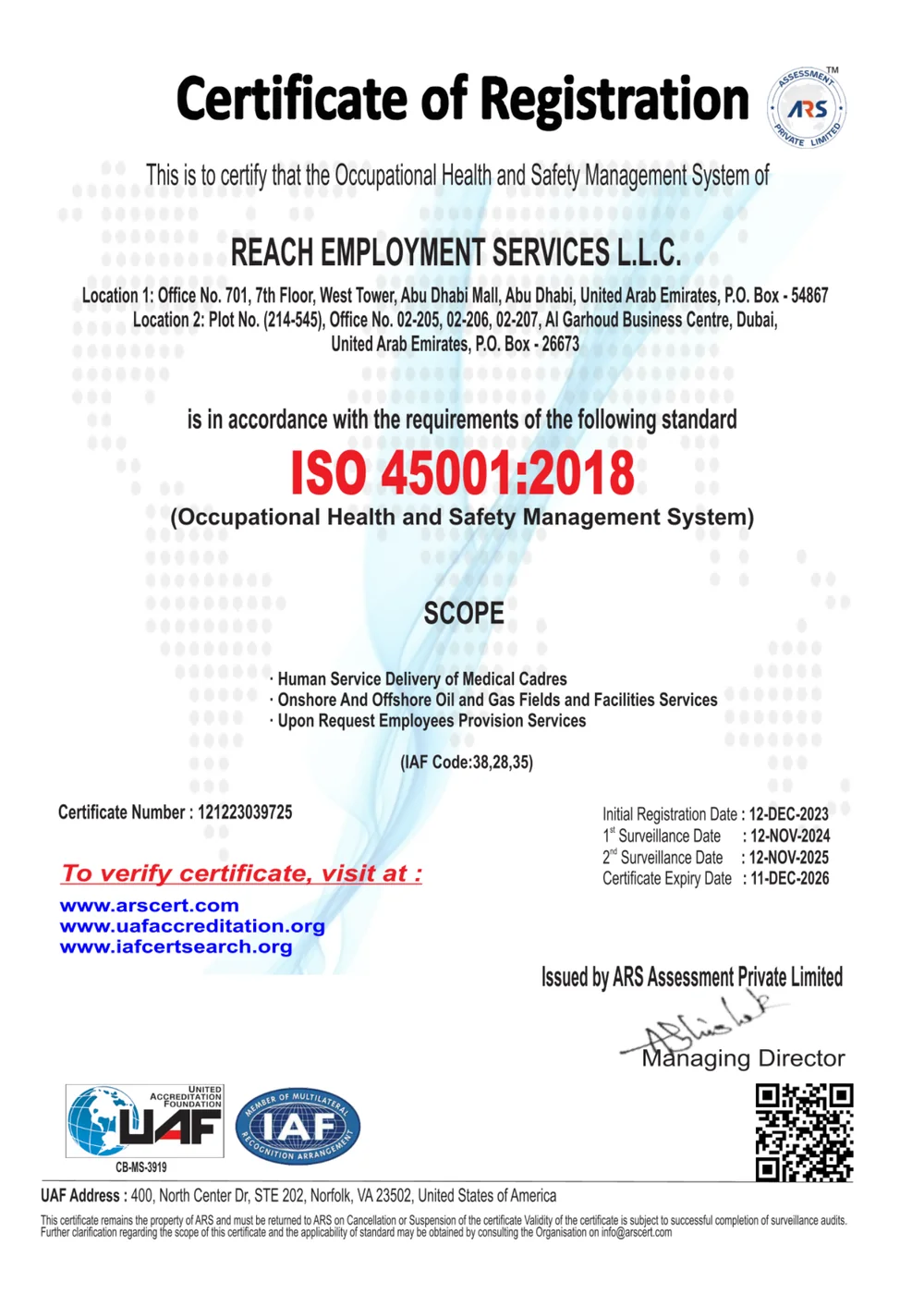 REACH EMPLOYMENT ISO 45001 certificate