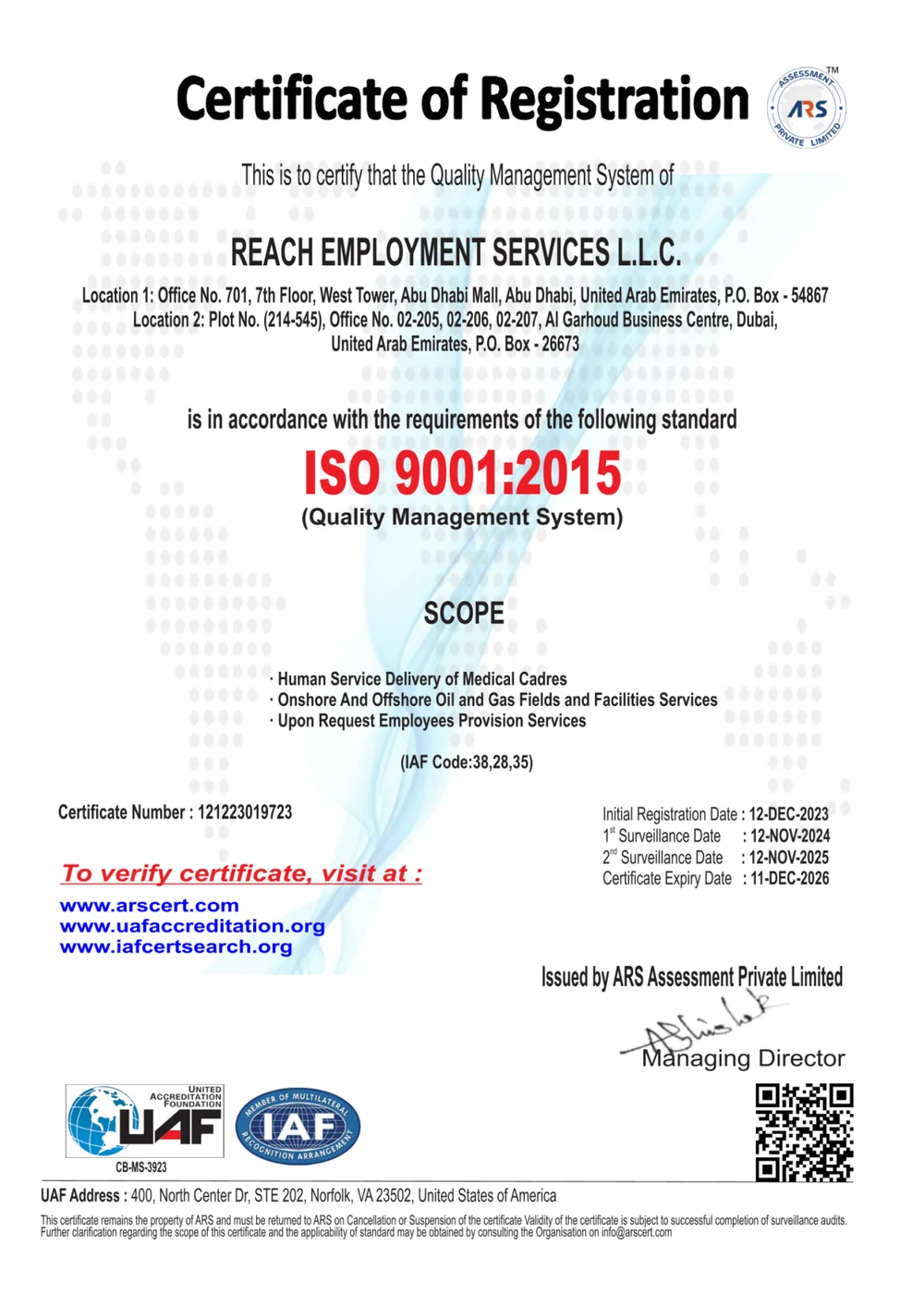 REACH EMPLOYMENT ISO 9001 certificate